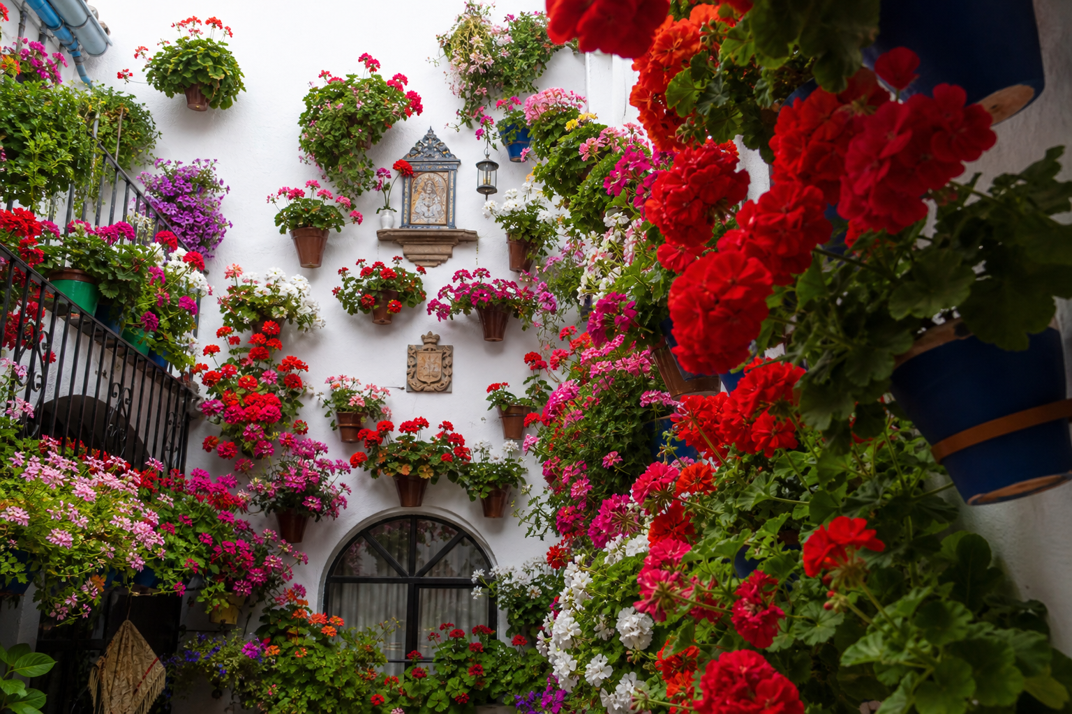 Geranios y flores durante la temporada de patios