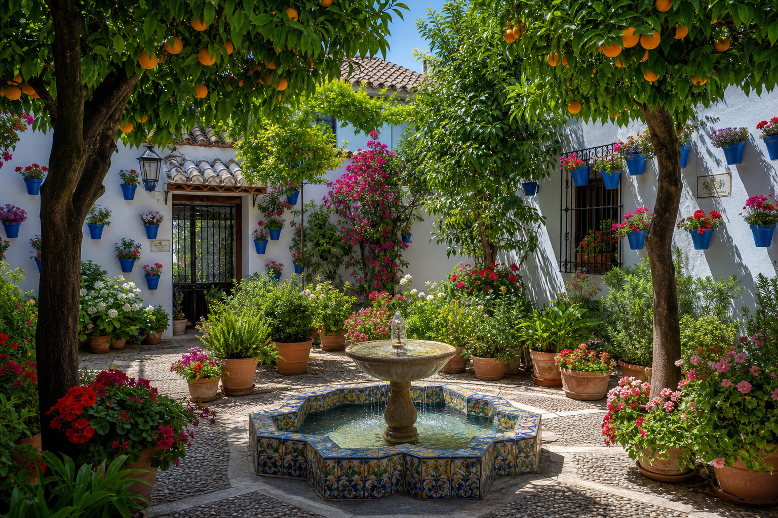 Patio andaluz con naranjos y azulejos tradicionales