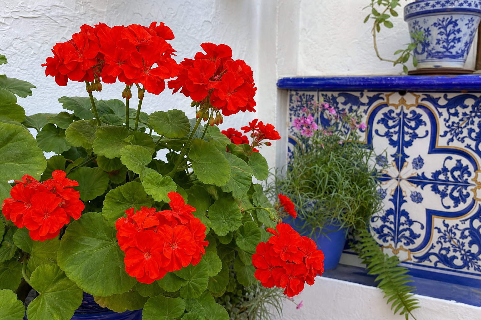 Detalle de flores en un rincón blanco de patio cordobés