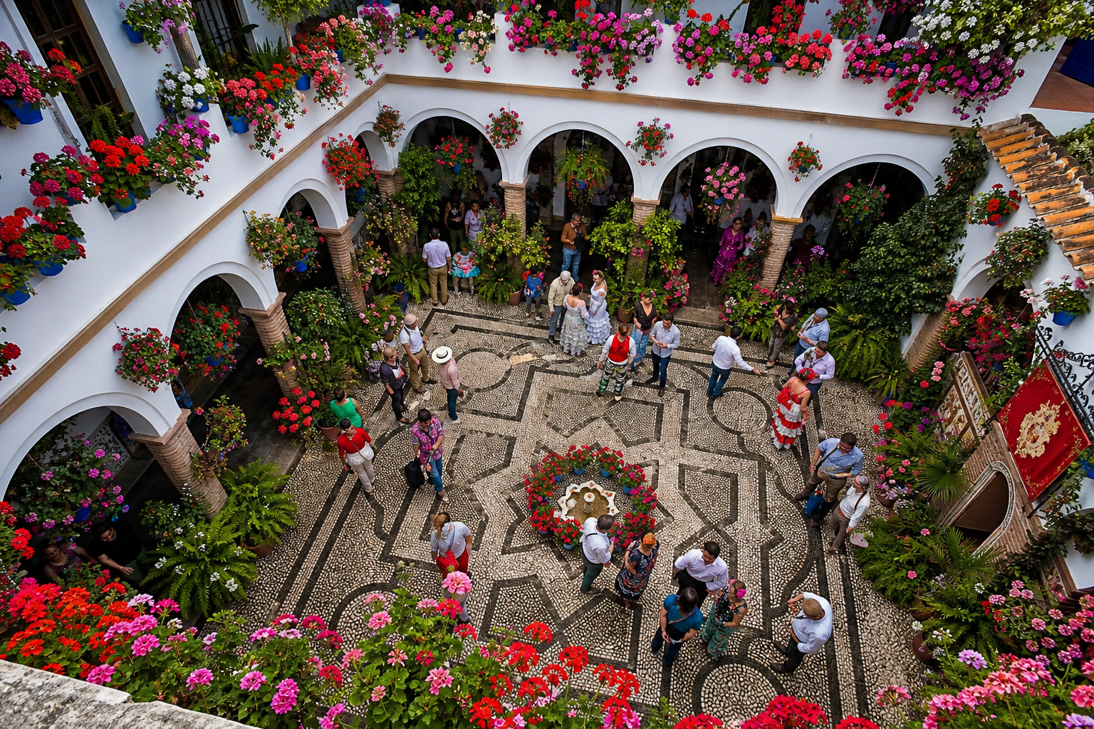 Vista de patio florido con patrones de azulejos